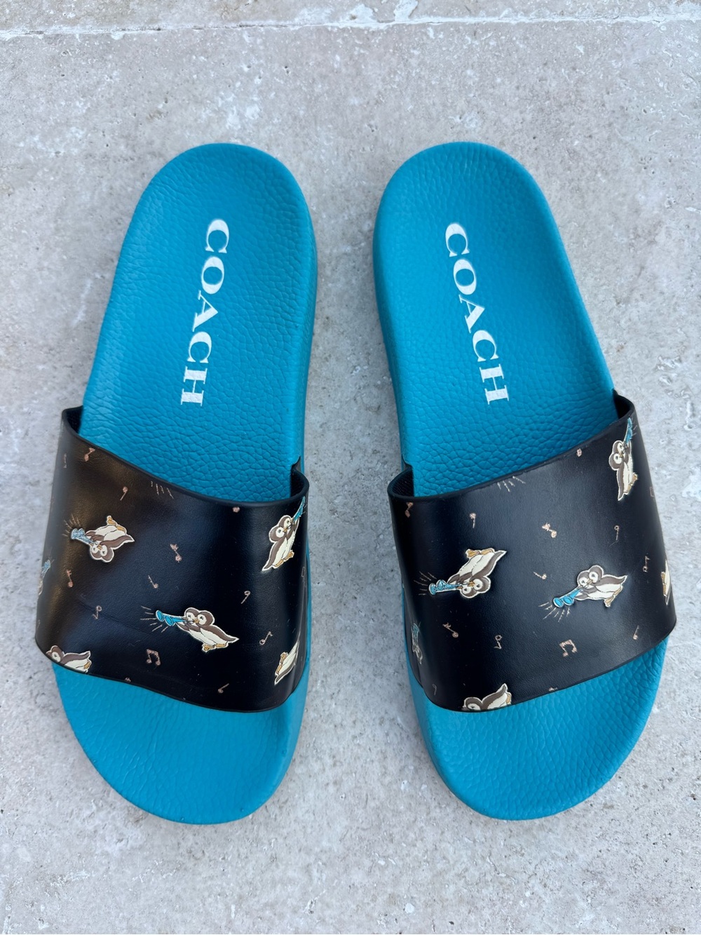 COACH Udele Sport Pool Slides / musical penguins Sz 9